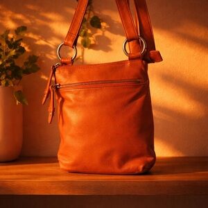 Hobo Orange Leather Crossbody Bag | Soft Slouchy Boho Purse | Adjustable Strap
